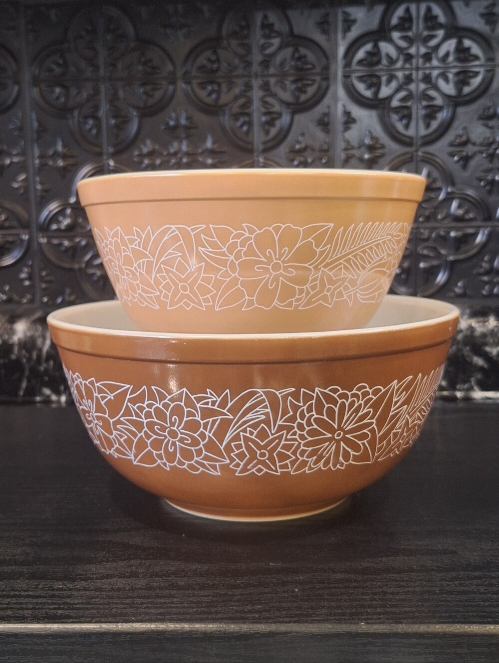Pyrex Woodland Nesting Bowls, Retro Floral Brown And Tan Mixing Bowls Set Of 2